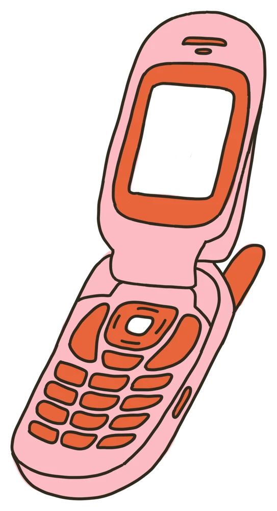 A hand-drawn pink and orange flip phone