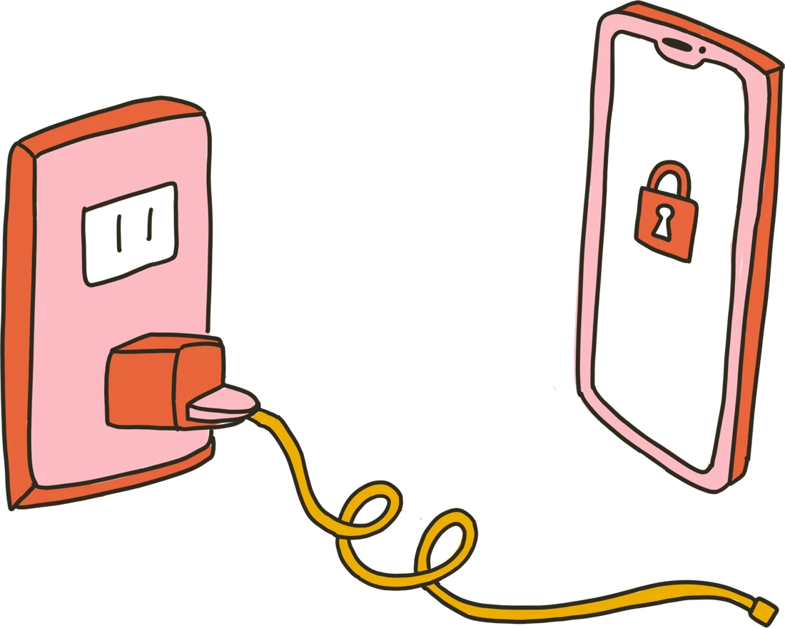 An illustrated pink iPhone with a lock, disconnected from its charging cable